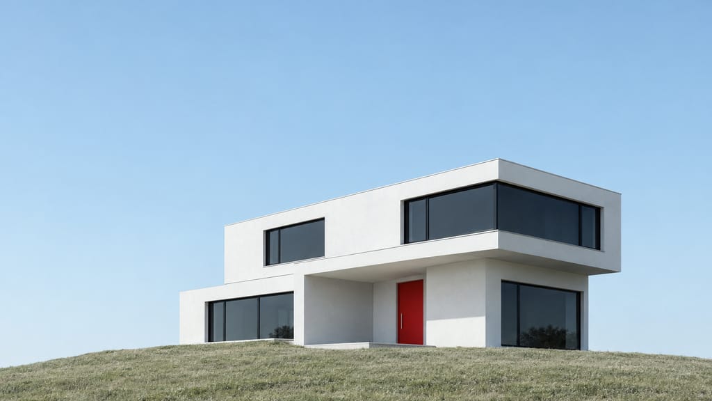 Illustration: a white two-story modern house alone on a grassy hill under a clear sky, its front door painted red.